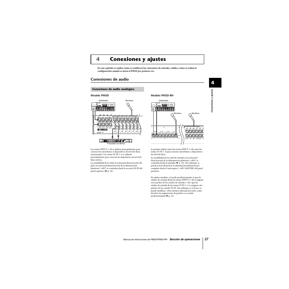 Conexiones y ajustes, Conexiones de audio, Conexiones de audio analógico | 4conexiones y ajustes | Yamaha PM5D-RHPM5D User Manual | Page 27 / 367