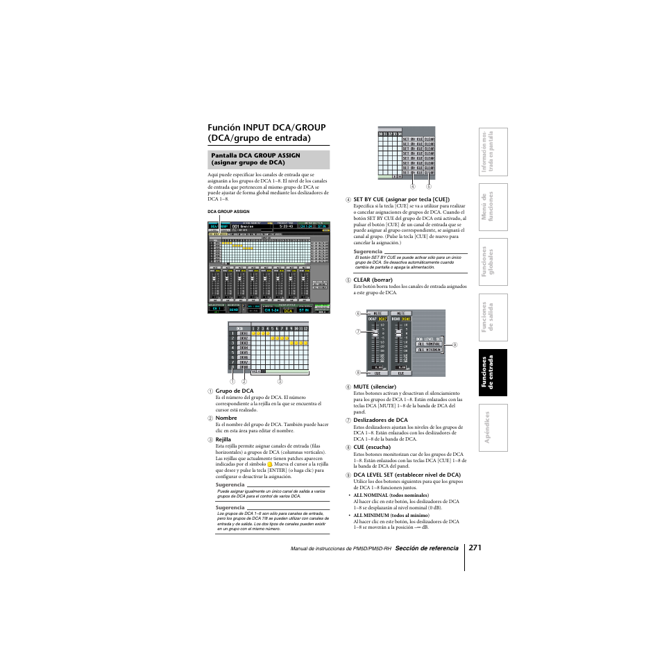 Función input dca/group (dca/grupo de entrada), Pantalla dca group assign (asignar grupo de dca), Función input dca/group | Dca/grupo de entrada) | Yamaha PM5D-RHPM5D User Manual | Page 271 / 367