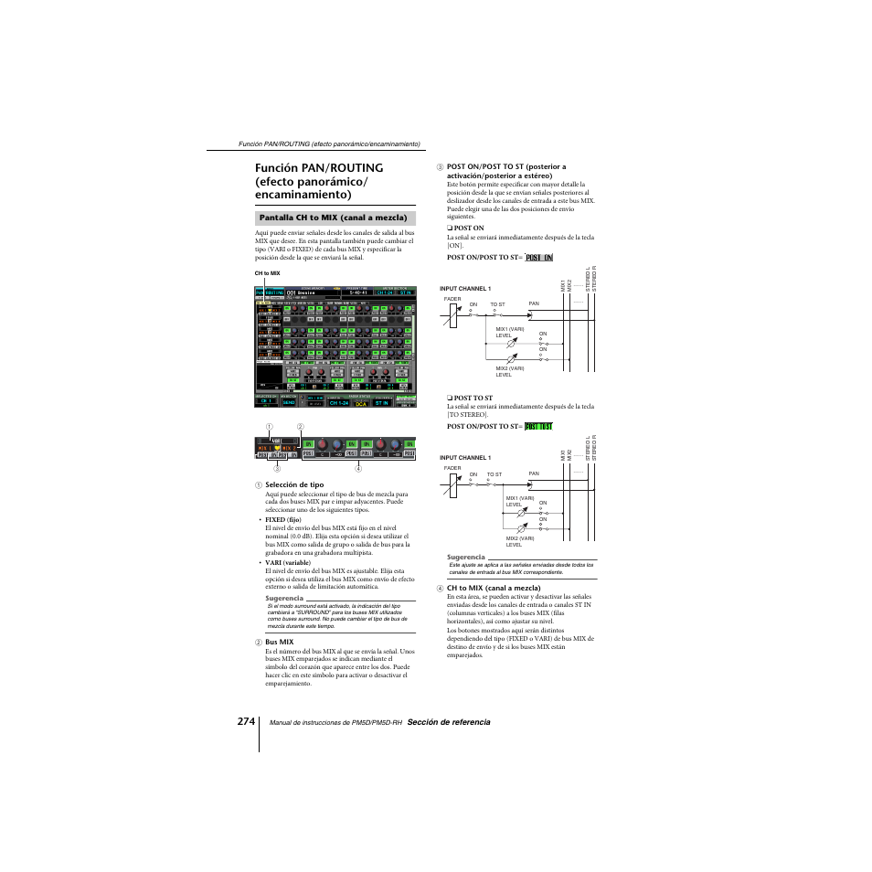 Pantalla ch to mix (canal a mezcla), Función pan/routing (efecto panorámico, Encaminamiento) | Yamaha PM5D-RHPM5D User Manual | Page 274 / 367