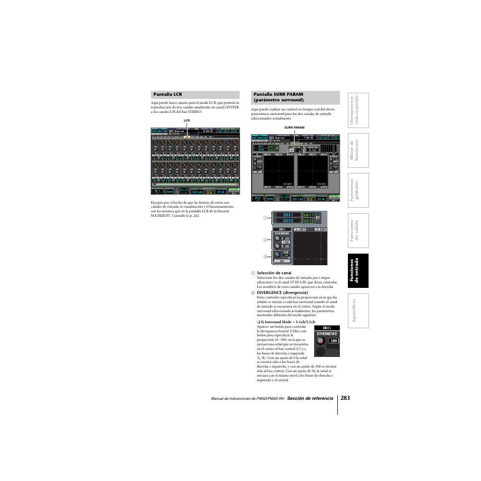 Pantalla lcr, Pantalla surr param (parámetro surround) | Yamaha PM5D-RHPM5D User Manual | Page 283 / 367