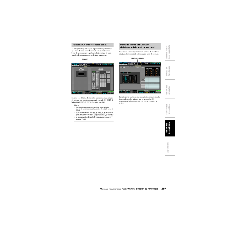 Pantalla ch copy (copiar canal), De entrada), P. 289), donde puede almacenar y | Yamaha PM5D-RHPM5D User Manual | Page 289 / 367