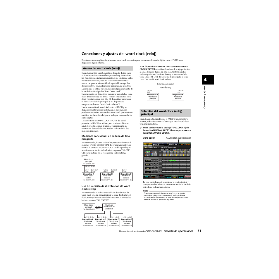 Conexiones y ajustes del word clock (reloj), Acerca de word clock (reloj), Selección del word clock (reloj) principal | Yamaha PM5D-RHPM5D User Manual | Page 31 / 367