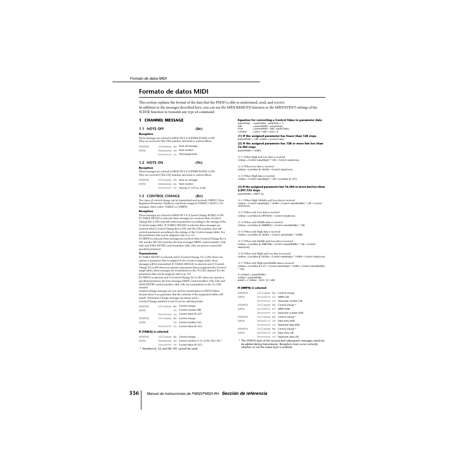 Formato de datos midi | Yamaha PM5D-RHPM5D User Manual | Page 336 / 367
