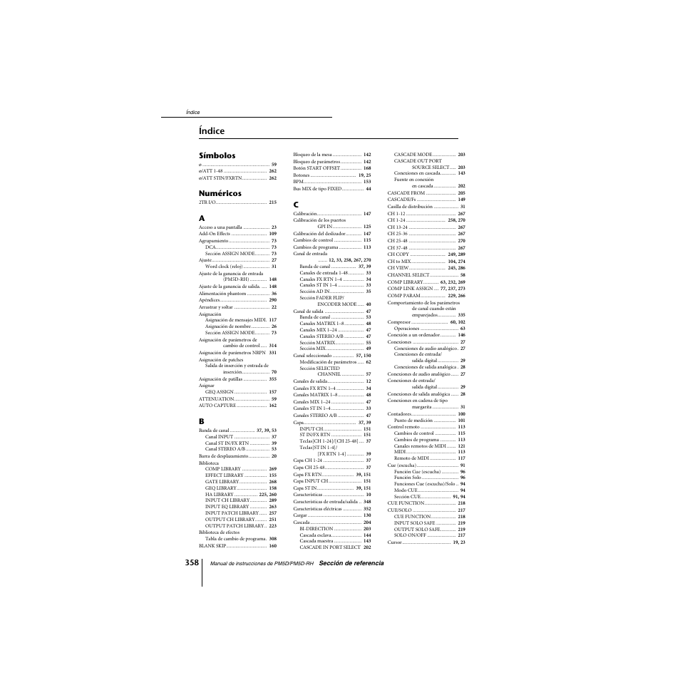 Índice, Símbolos, Numéricos | Yamaha PM5D-RHPM5D User Manual | Page 358 / 367