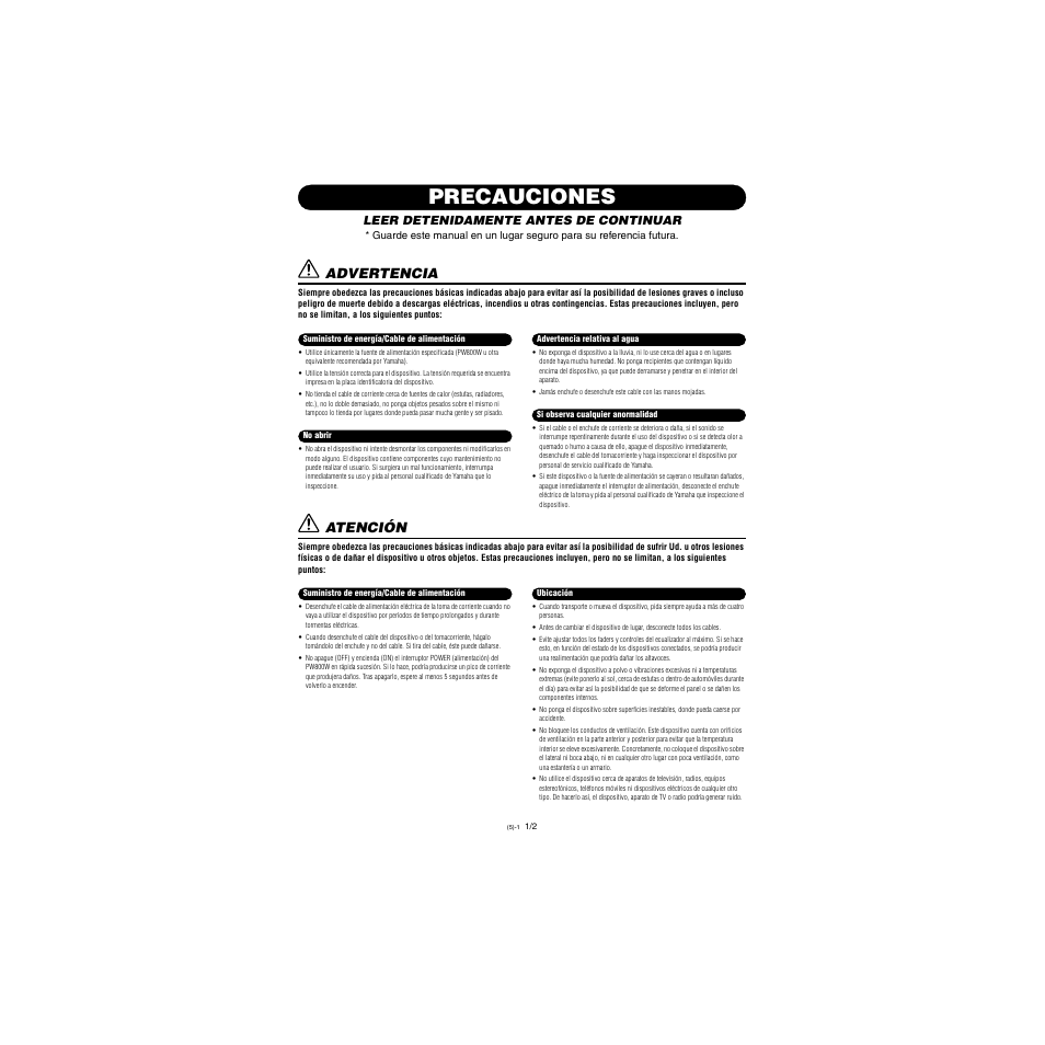 Precauciones, Advertencia, Atención | Leer detenidamente antes de continuar | Yamaha PM5D-RHPM5D User Manual | Page 4 / 367