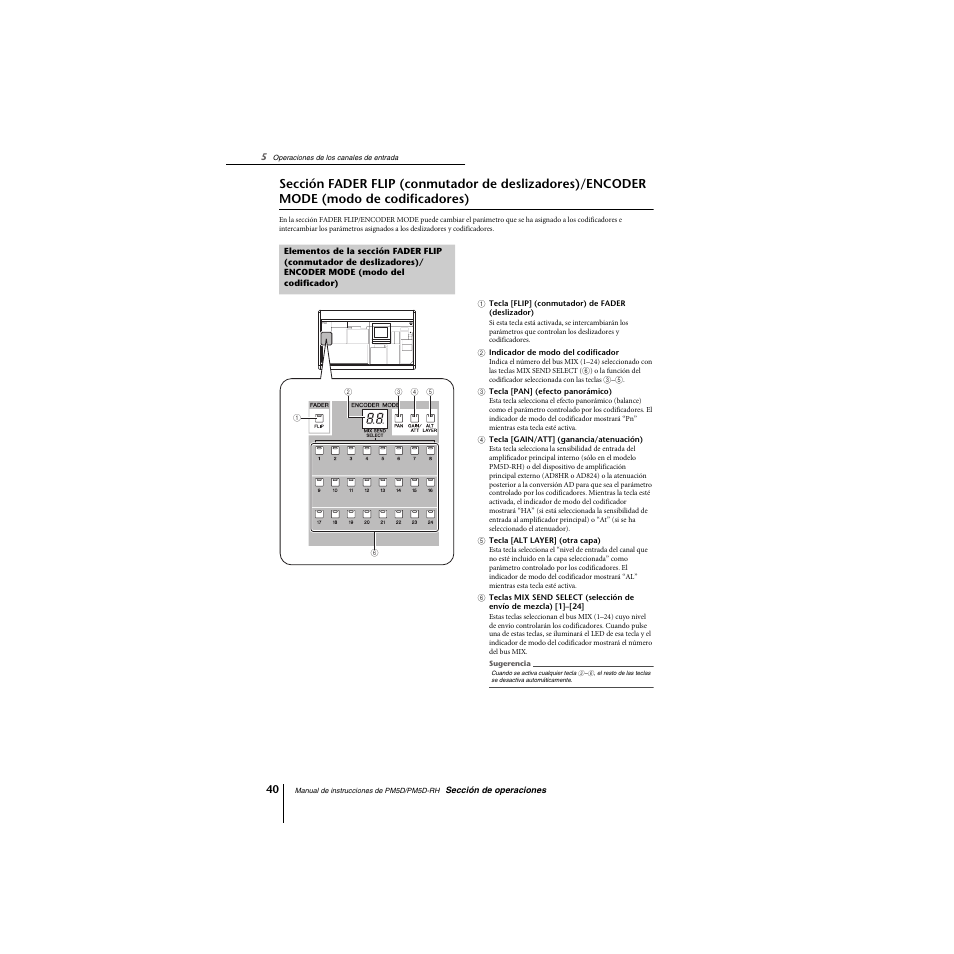 Sección fader flip (conmutador de deslizadores), Encoder mode (modo de codificadores), Elementos de la sección fader flip (conmutador de | Deslizadores)/encoder mode (modo del codificador), P. 40) | Yamaha PM5D-RHPM5D User Manual | Page 40 / 367