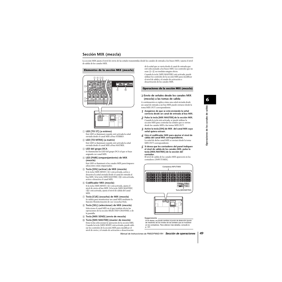 Sección mix (mezcla), Elementos de la sección mix (mezcla), Operaciones de la sección mix (mezcla) | P. 49) | Yamaha PM5D-RHPM5D User Manual | Page 49 / 367