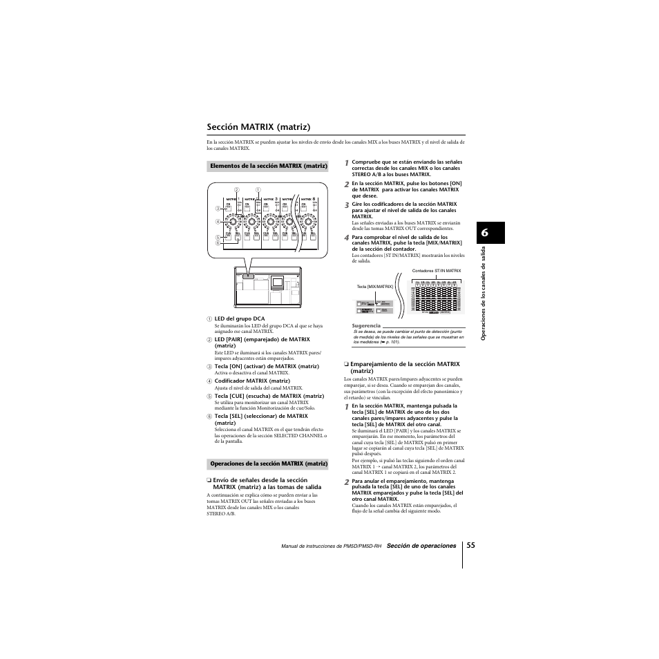 Sección matrix (matriz), Elementos de la sección matrix (matriz), Operaciones de la sección matrix (matriz) | P. 55) | Yamaha PM5D-RHPM5D User Manual | Page 55 / 367