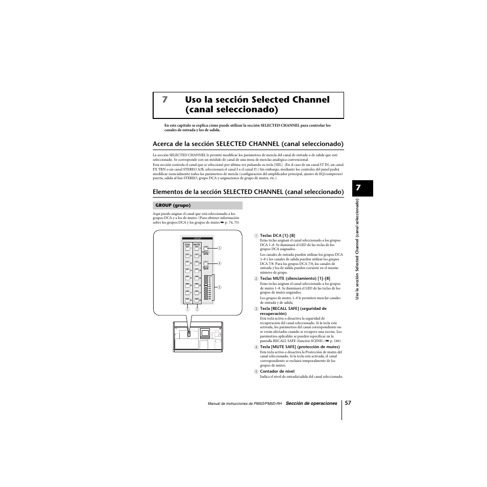 Group (grupo), Acerca de la sección selected channel, Canal seleccionado) | Elementos de la sección selected channel, P. 57) | Yamaha PM5D-RHPM5D User Manual | Page 57 / 367