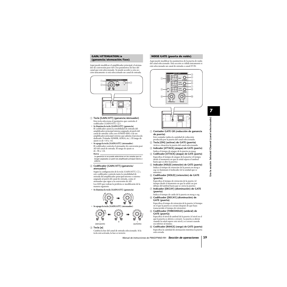 Gain/attenuation/ø (ganancia/atenuación/fase), Noise gate (puerta de ruido) | Yamaha PM5D-RHPM5D User Manual | Page 59 / 367