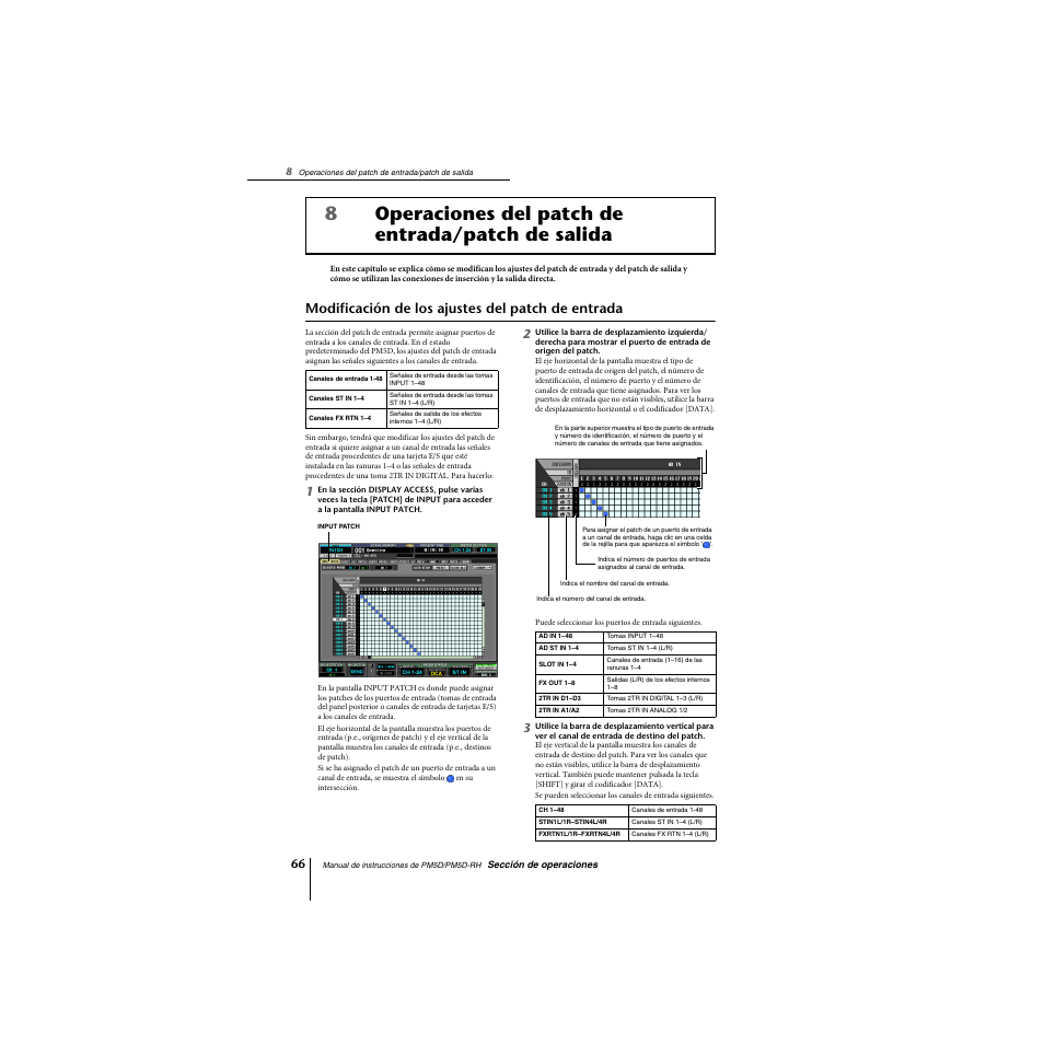 Operaciones del patch de entrada/patch de salida, Modificación de los ajustes del patch de entrada, 8operaciones del patch de entrada/patch de salida | Yamaha PM5D-RHPM5D User Manual | Page 66 / 367