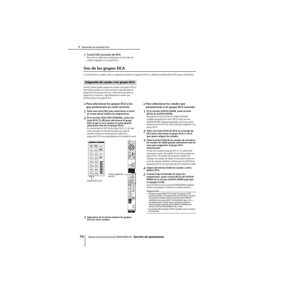 Uso de los grupos dca, Asignación de canales a los grupos dca | Yamaha PM5D-RHPM5D User Manual | Page 74 / 367