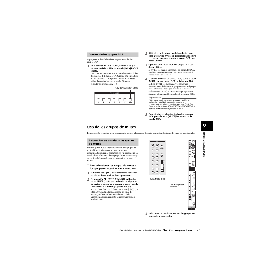 Control de los grupos dca, Uso de los grupos de mutes, Asignación de canales a los grupos de mutes | P. 75) | Yamaha PM5D-RHPM5D User Manual | Page 75 / 367