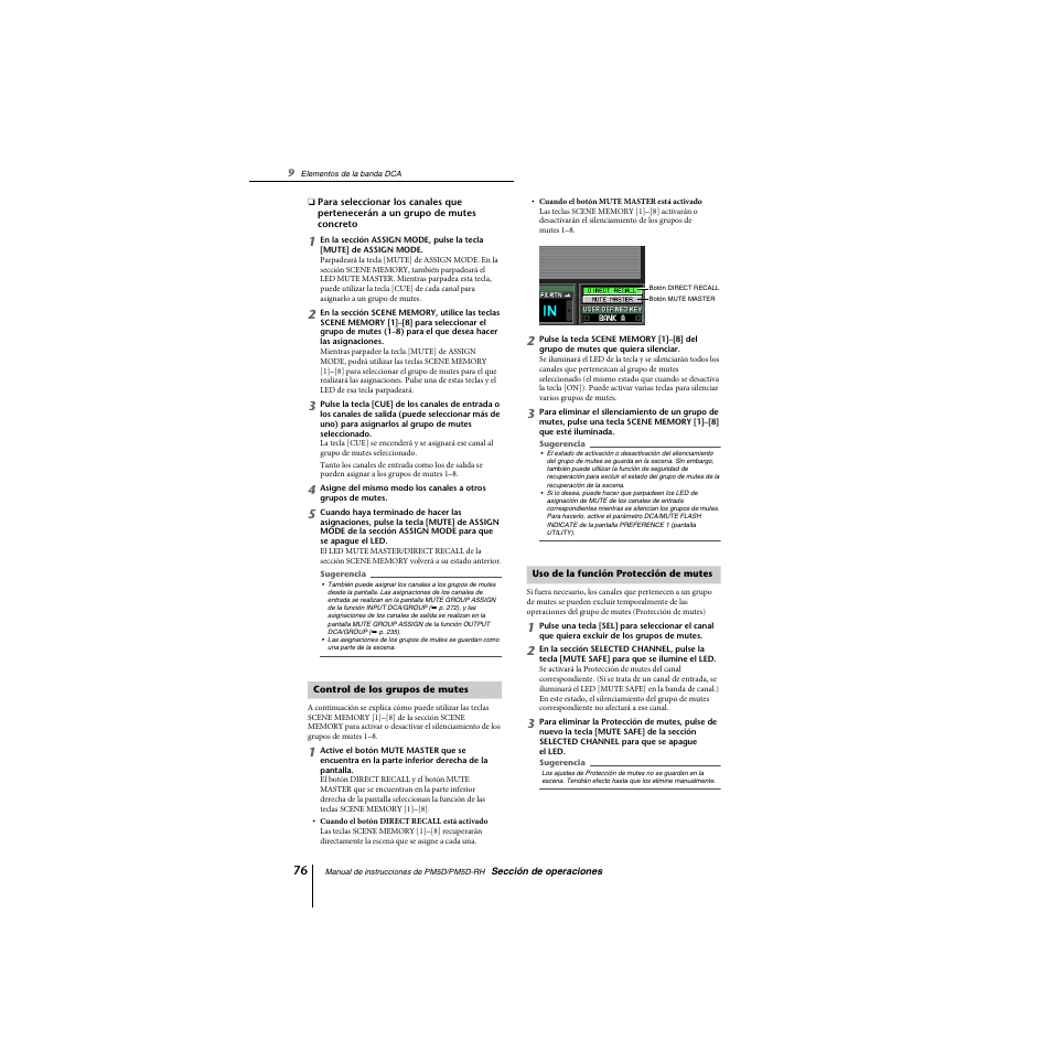 Control de los grupos de mutes, Uso de la función protección de mutes | Yamaha PM5D-RHPM5D User Manual | Page 76 / 367