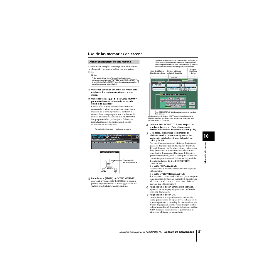 Uso de las memorias de escena, Almacenamiento de una escena | Yamaha PM5D-RHPM5D User Manual | Page 81 / 367