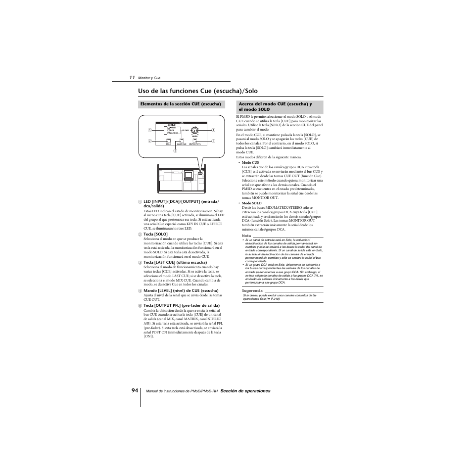 Uso de las funciones cue (escucha)/solo, Elementos de la sección cue (escucha), Acerca del modo cue (escucha) y elmodo solo | Yamaha PM5D-RHPM5D User Manual | Page 94 / 367