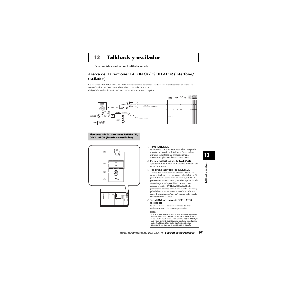 Talkback y oscilador, Acerca de las secciones talkback/oscillator, Interfono/oscilador) | Elementos de las secciones talkback/oscillator, P. 97), 12 talkback y oscilador | Yamaha PM5D-RHPM5D User Manual | Page 97 / 367