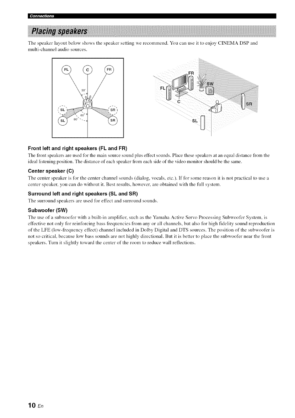 Placing speakers, Front left and right speakers (fl and fr), Center speaker (c) | Surround left and right speakers (sl and sr), Subwoofer (sw), 10 £n | Yamaha OWNER'S MANUAL HTR-6130 User Manual | Page 14 / 77