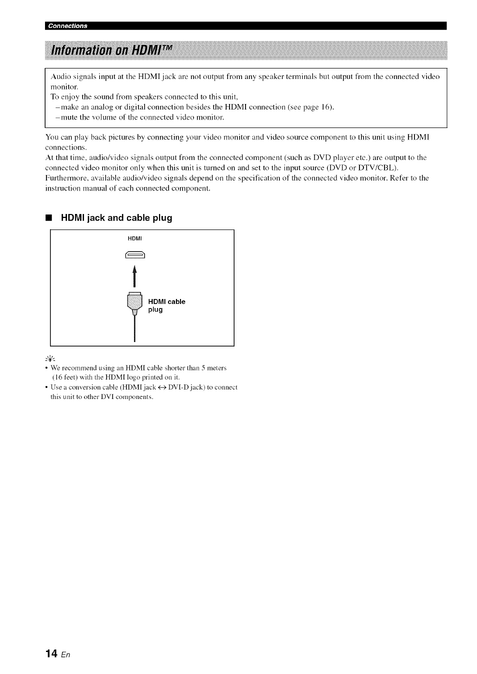 Information on homi, Hdmi jack and cable plug, Information on hdmi | Yamaha OWNER'S MANUAL HTR-6130 User Manual | Page 18 / 77