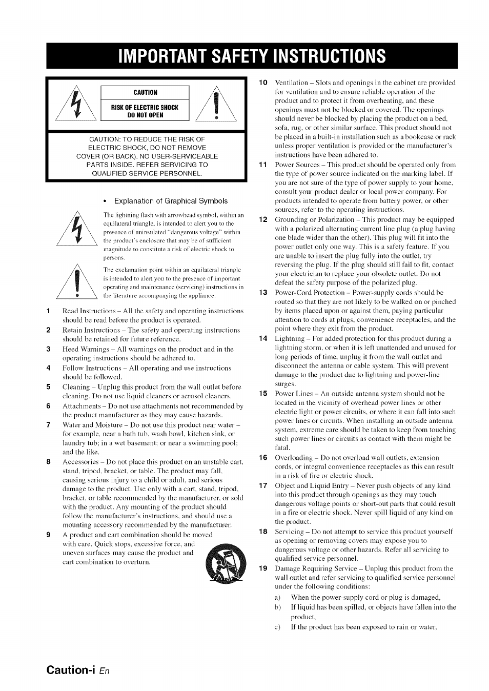 Important safety instructions, Caution-i | Yamaha OWNER'S MANUAL HTR-6130 User Manual | Page 2 / 77