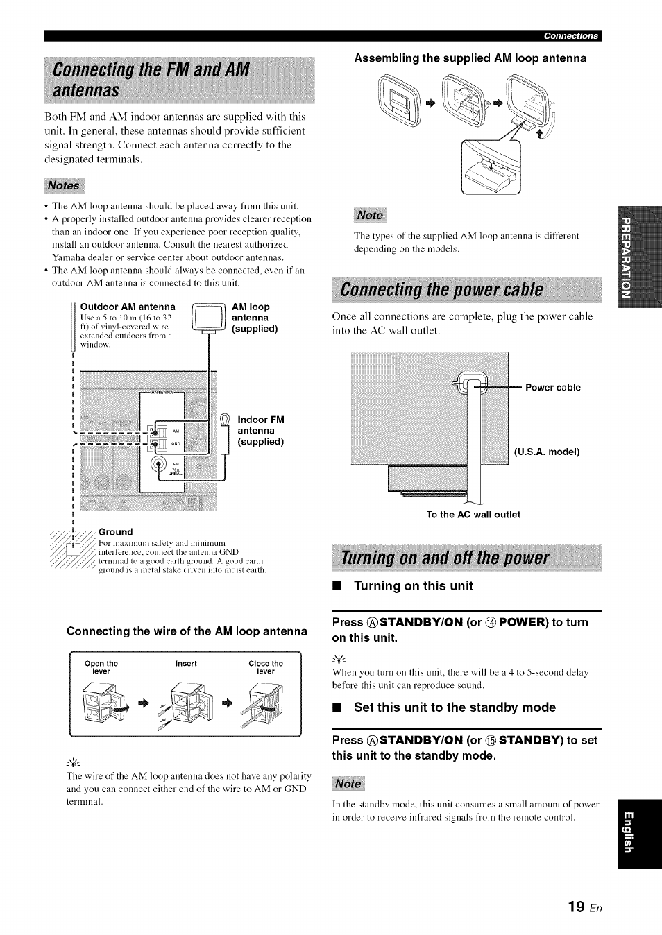 Connecting the fm and am antennas, Assembling the supplied am loop antenna, Connecting the power cable | Turning on and off the power, I turning on this unit, Connecting the wire of the am loop antenna, Set this unit to the standby mode | Yamaha OWNER'S MANUAL HTR-6130 User Manual | Page 23 / 77