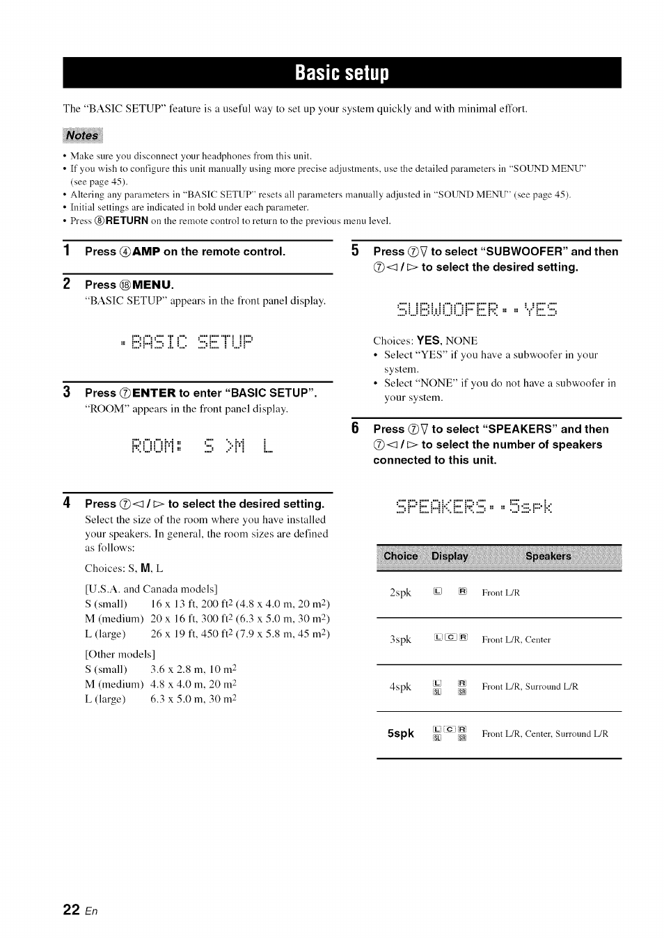 Basic setup, 1 press 0amp on the remote control, 2 press ©menu | Press ©<l / [> to select the desired setting | Yamaha OWNER'S MANUAL HTR-6130 User Manual | Page 26 / 77