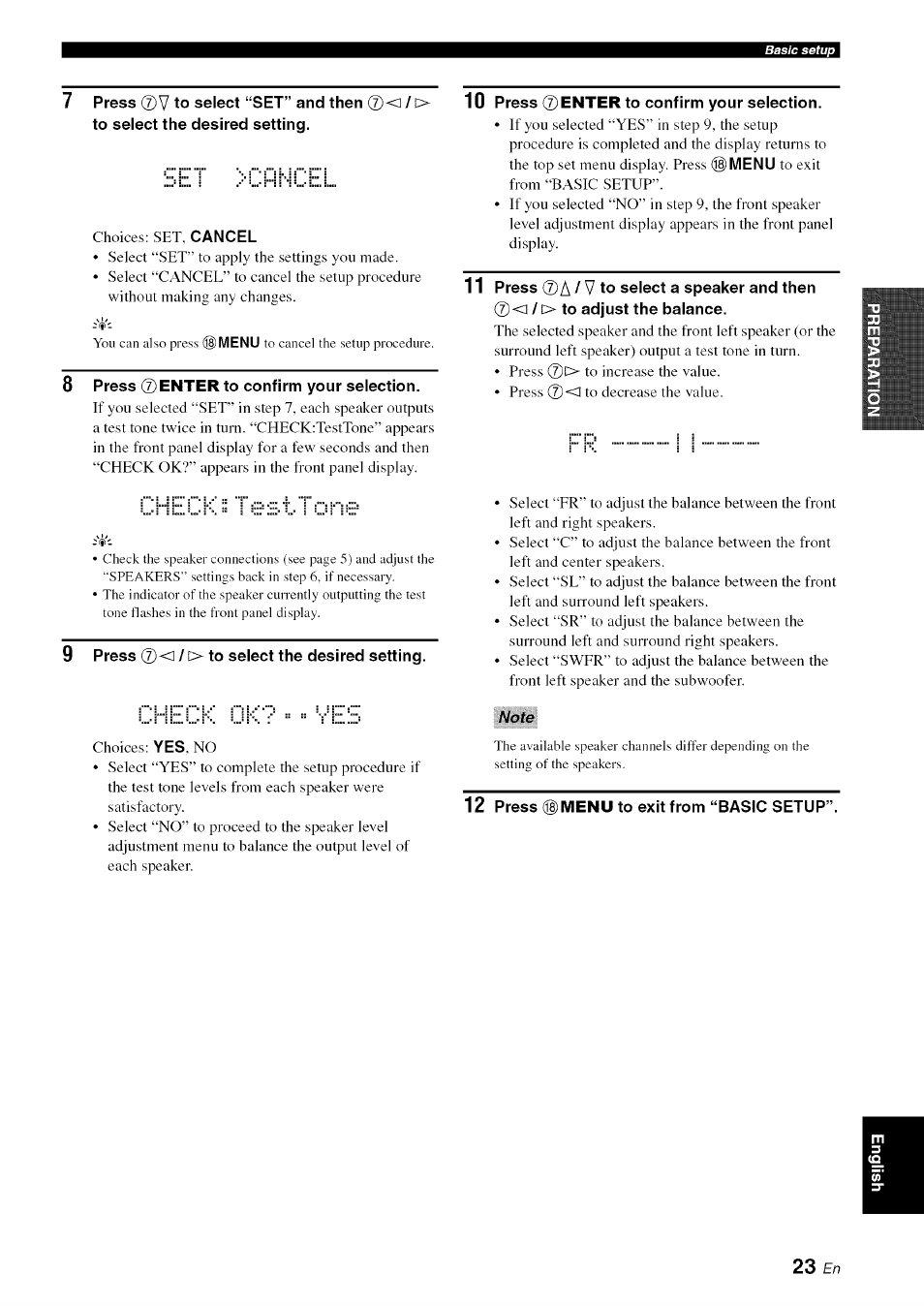 8 press ©enter to confirm your selection, 9 press ©<] / > to select the desired setting, 10 press ©enter to confirm your selection | 11 press ©a / v to select a speaker and then, L / o to adjust the balance, 12 press ©menu to exit from “basic setup, Checks, Check uk, Fr ........ i i | Yamaha OWNER'S MANUAL HTR-6130 User Manual | Page 27 / 77