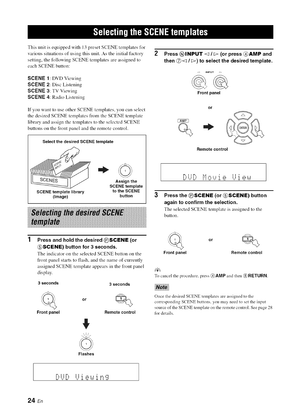 Selecting the scene templates, Selecting the desired scene template | Yamaha OWNER'S MANUAL HTR-6130 User Manual | Page 28 / 77