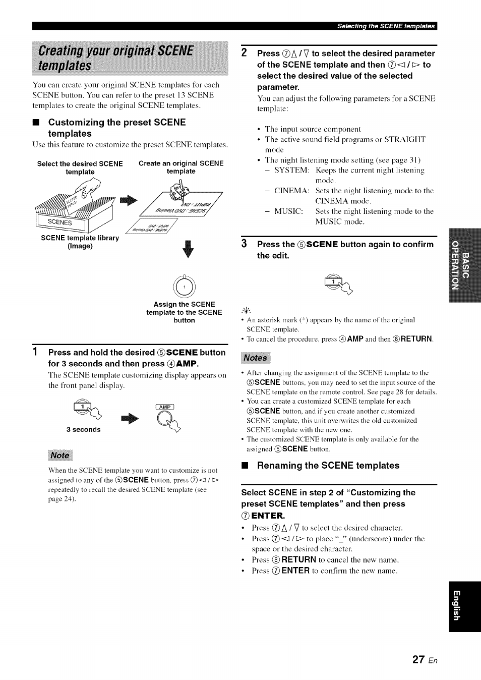 Creating your original scene templates, Customizing the preset scene templates, Renaming the scene templates | A / v | Yamaha OWNER'S MANUAL HTR-6130 User Manual | Page 31 / 77