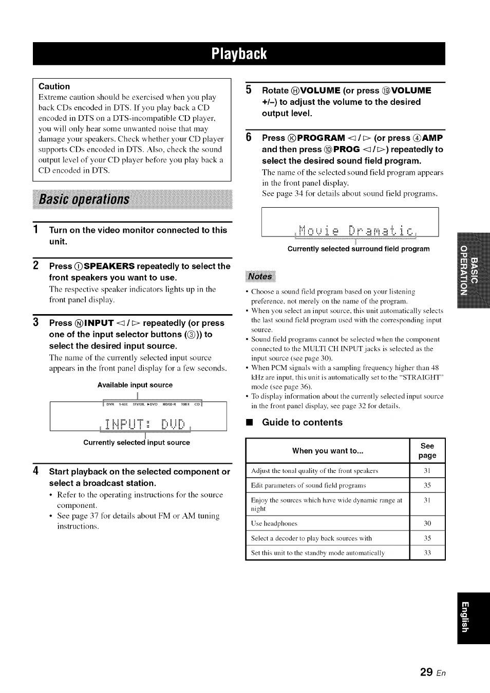 Playback, Basic operations, Guide to contents | Yamaha OWNER'S MANUAL HTR-6130 User Manual | Page 33 / 77