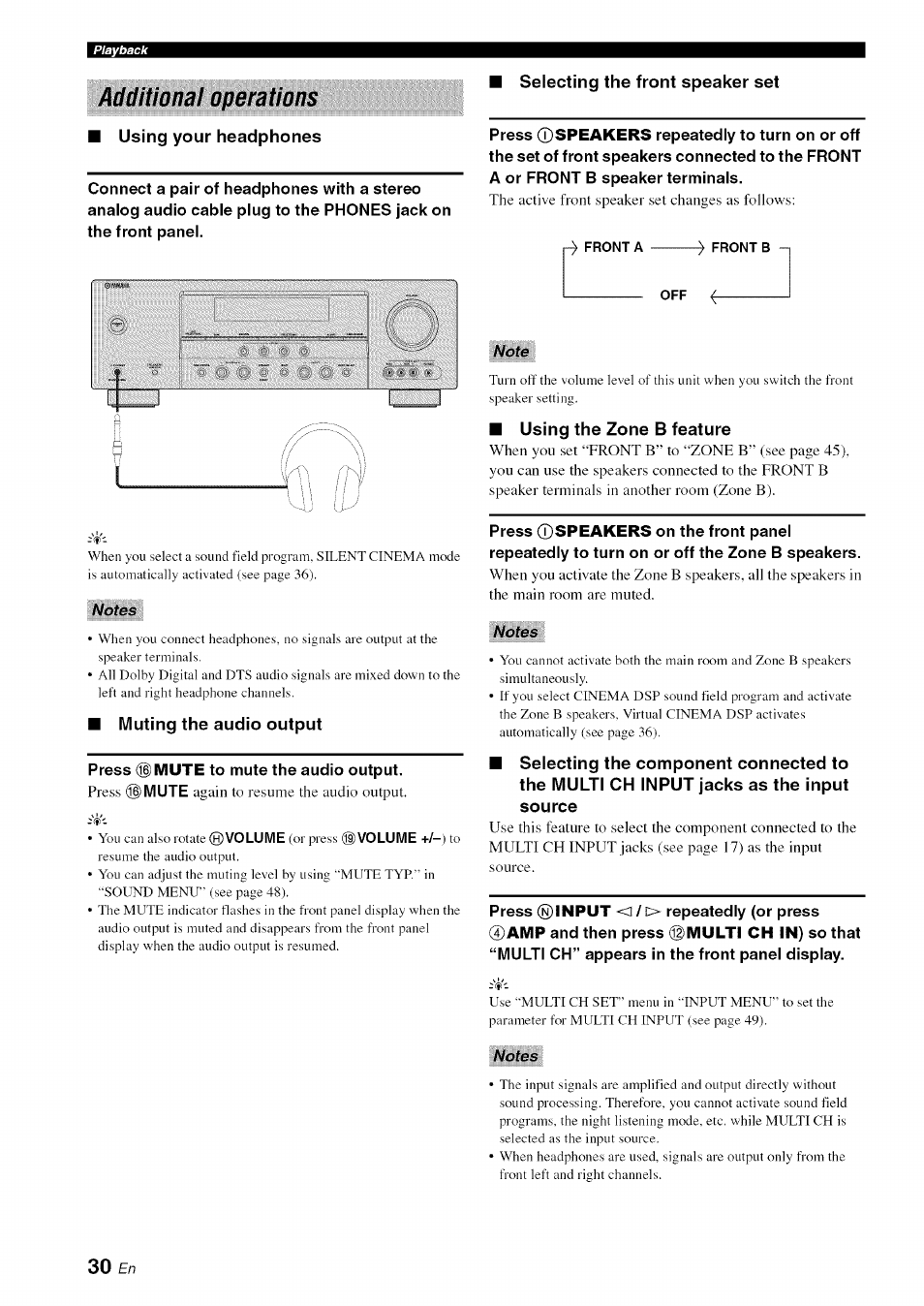 Additional operations, Using your headphones, Muting the audio output | Selecting the front speaker set, Using the zone b feature | Yamaha OWNER'S MANUAL HTR-6130 User Manual | Page 34 / 77