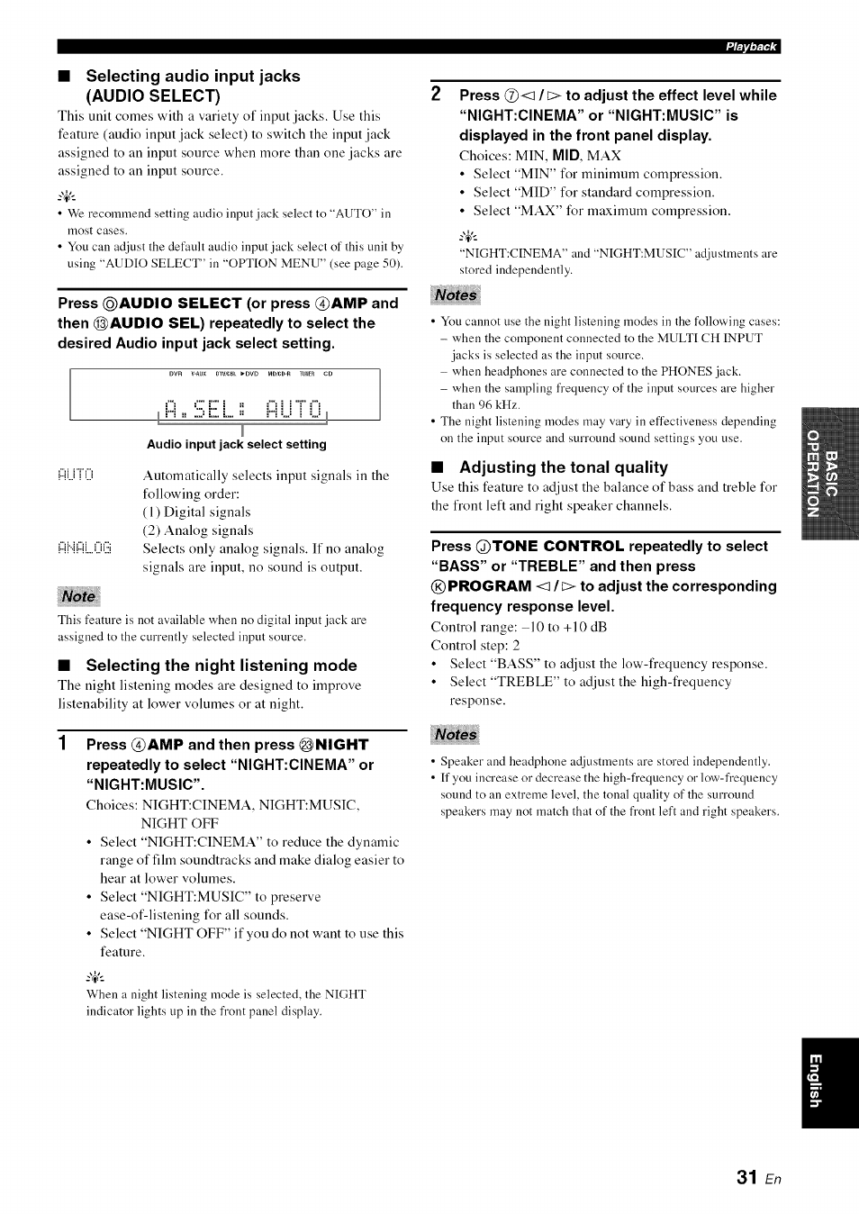 Selecting audio input jacks (audio select), Selecting the night listening mode, Adjusting the tonal quality | Yamaha OWNER'S MANUAL HTR-6130 User Manual | Page 35 / 77