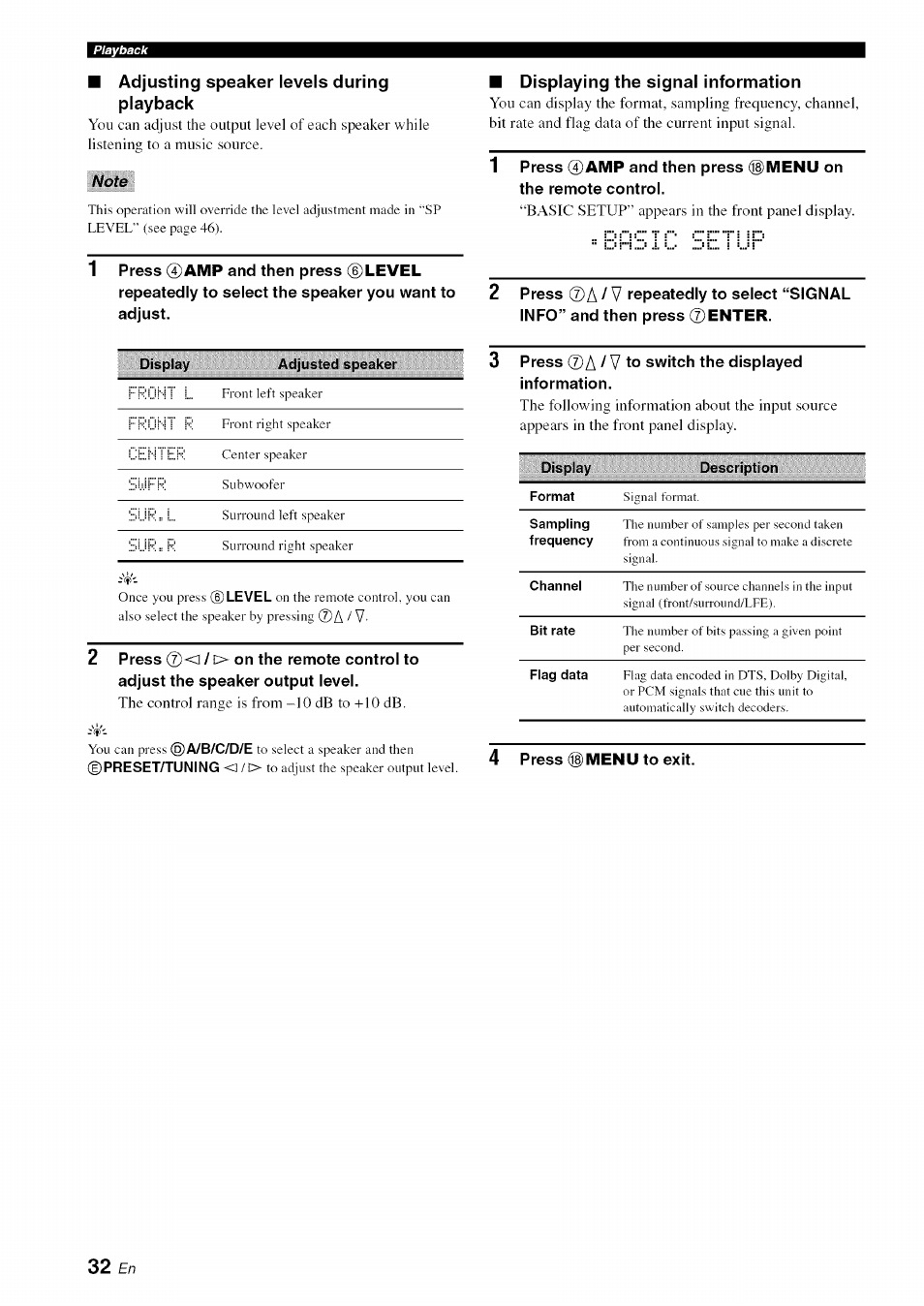Adjusting speaker levels during playback, Displaying the signal information, A / v | Yamaha OWNER'S MANUAL HTR-6130 User Manual | Page 36 / 77