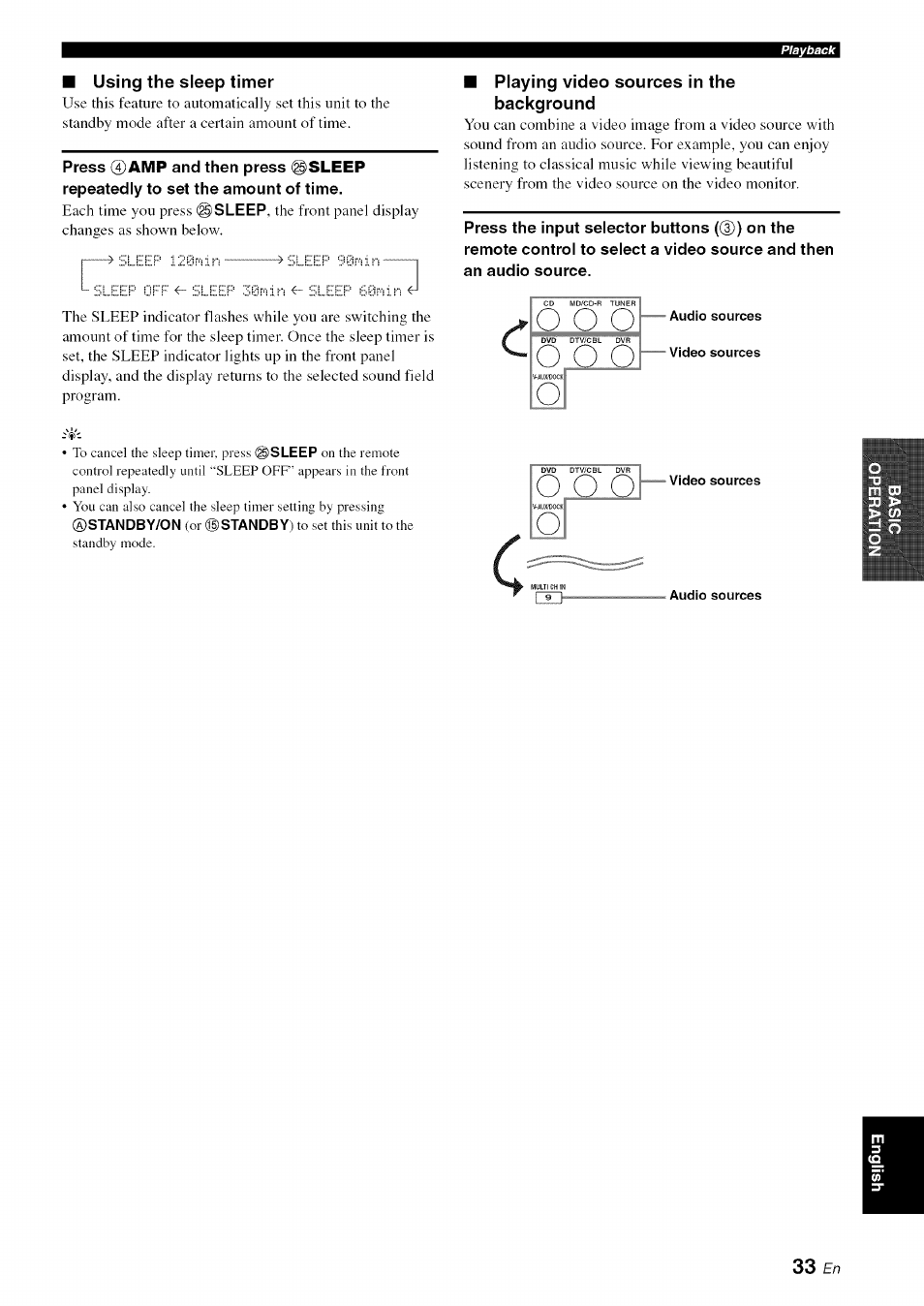 Using the sleep timer, Playing video sources in the background, O o o | Yamaha OWNER'S MANUAL HTR-6130 User Manual | Page 37 / 77