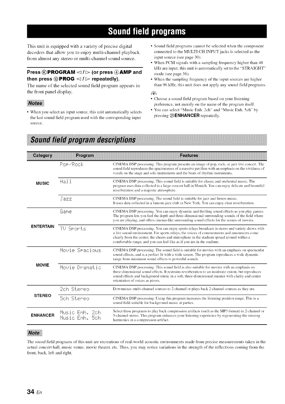 Sound field programs, Sound field program descriptions, 34 £n | Yamaha OWNER'S MANUAL HTR-6130 User Manual | Page 38 / 77