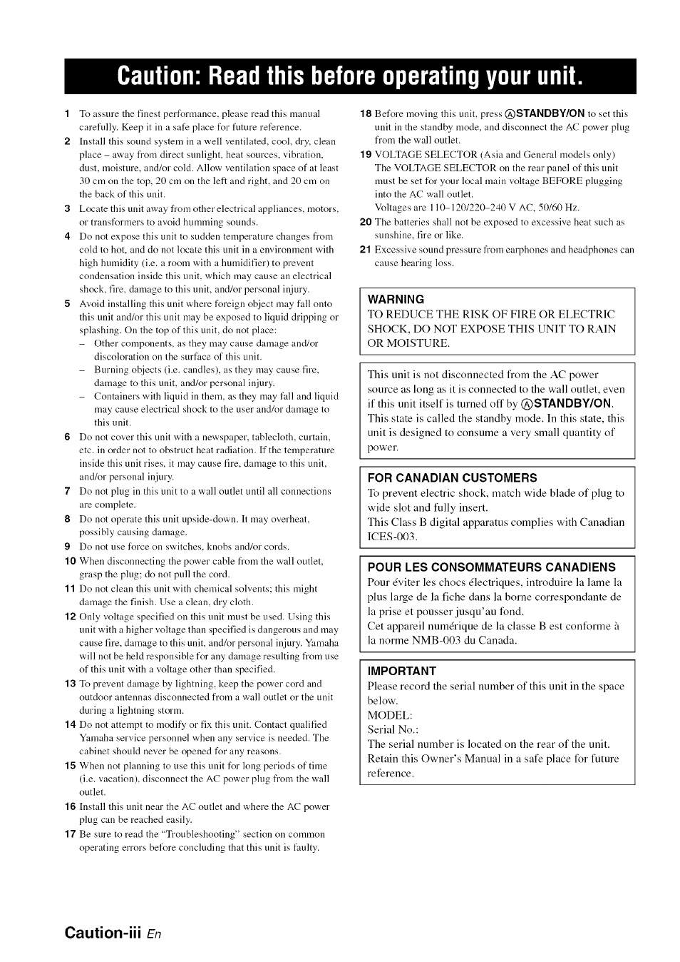 Caution: read this before operating your unit, Caution-iii | Yamaha OWNER'S MANUAL HTR-6130 User Manual | Page 4 / 77