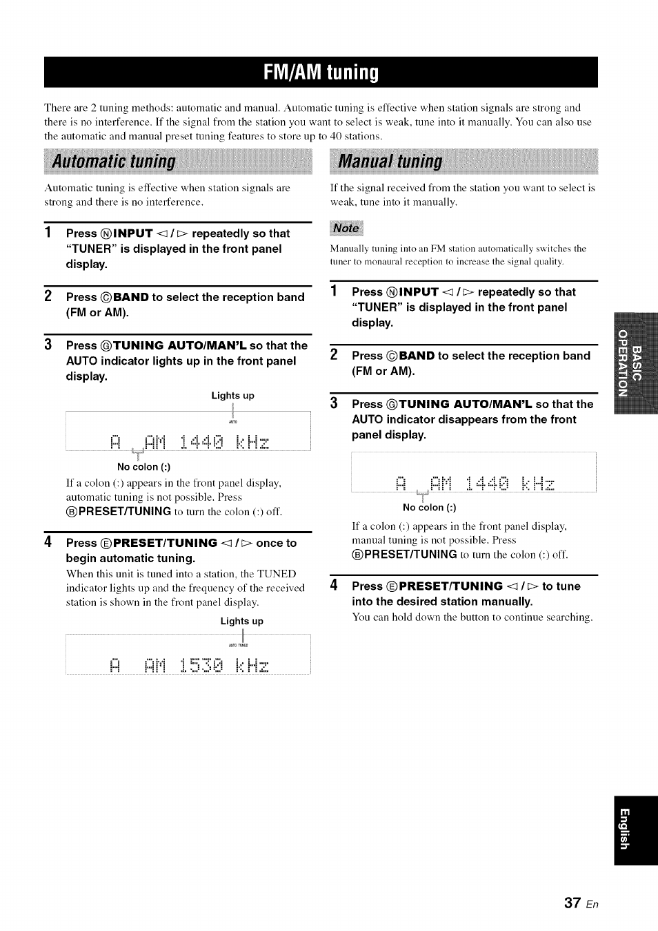 Fm/am tuning, Automatic tuning, Em/am tuning | Manual tuning | Yamaha OWNER'S MANUAL HTR-6130 User Manual | Page 41 / 77