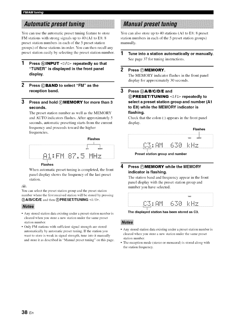 Automatic preset tuning, Manuai preset tuning, 2 press ©memory | Automatic preset tuning manual preset tuning | Yamaha OWNER'S MANUAL HTR-6130 User Manual | Page 42 / 77