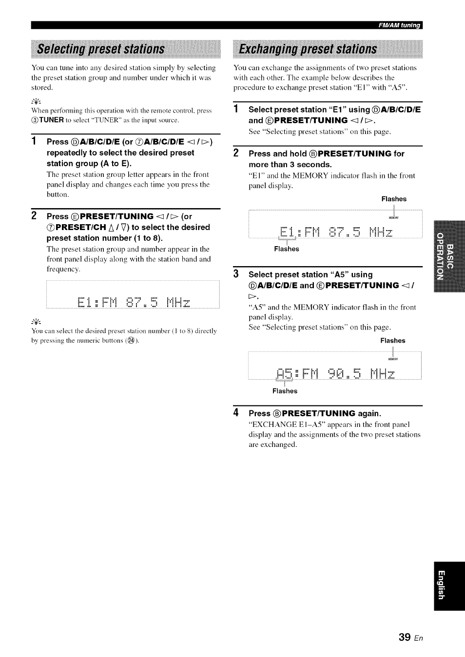 Selecting preset stations, Exchanging preset stations | Yamaha OWNER'S MANUAL HTR-6130 User Manual | Page 43 / 77