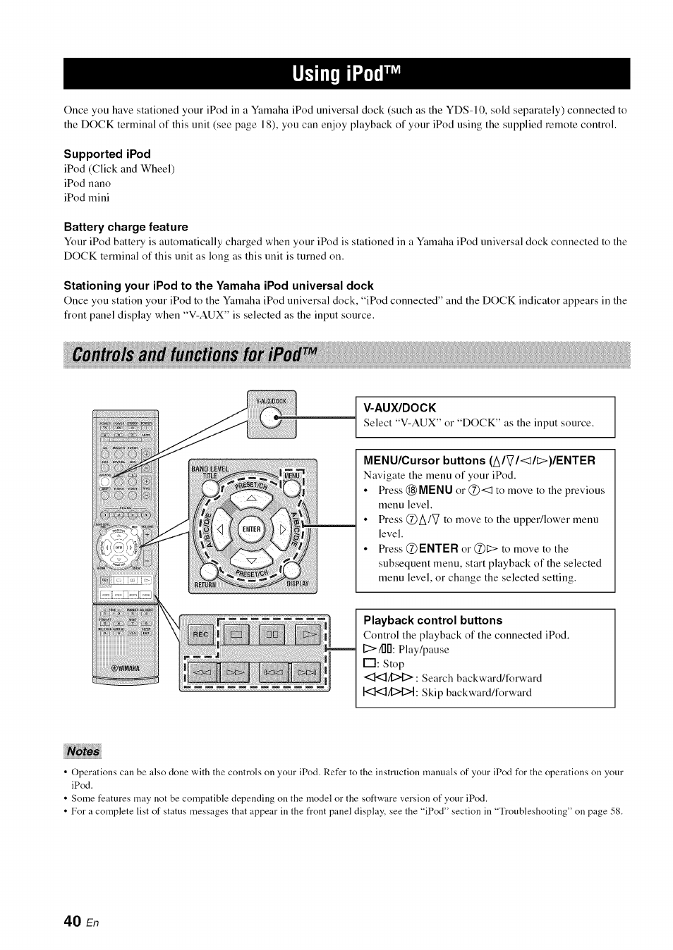 Using ipod, Supported ipod, Battery charge feature | Controls and functions for ipod, V-aux/dock, Playback control buttons | Yamaha OWNER'S MANUAL HTR-6130 User Manual | Page 44 / 77