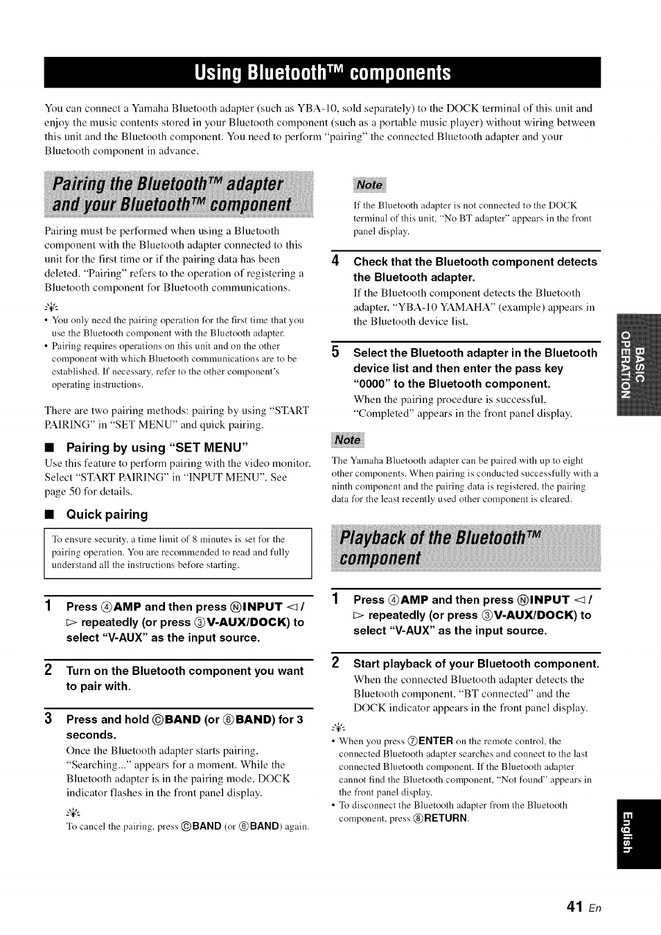 Using bluetooth™ components, Pairing by using “set menu, Quick pairing | Playback of the bluetooth™ component | Yamaha OWNER'S MANUAL HTR-6130 User Manual | Page 45 / 77