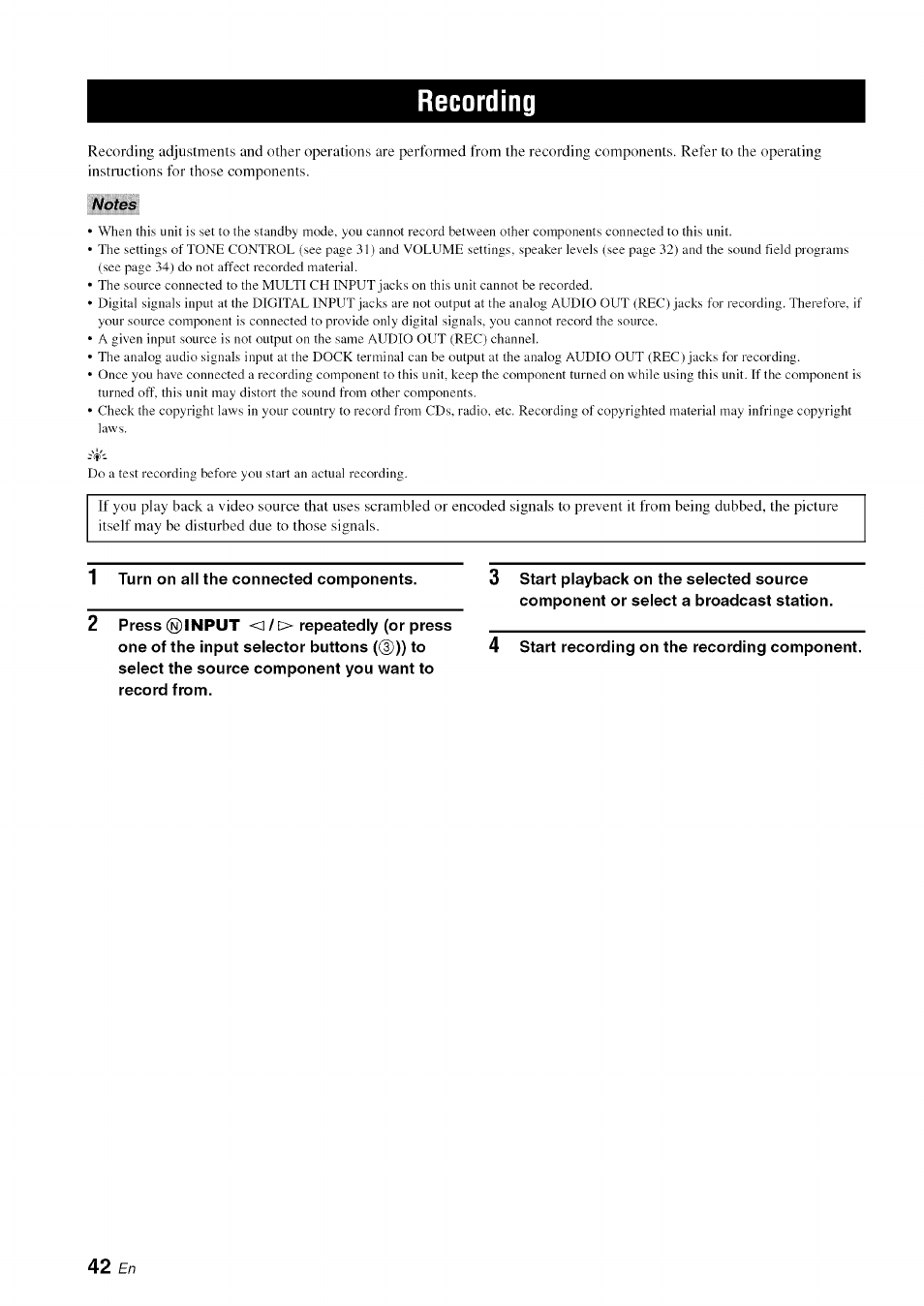 Recording | Yamaha OWNER'S MANUAL HTR-6130 User Manual | Page 46 / 77