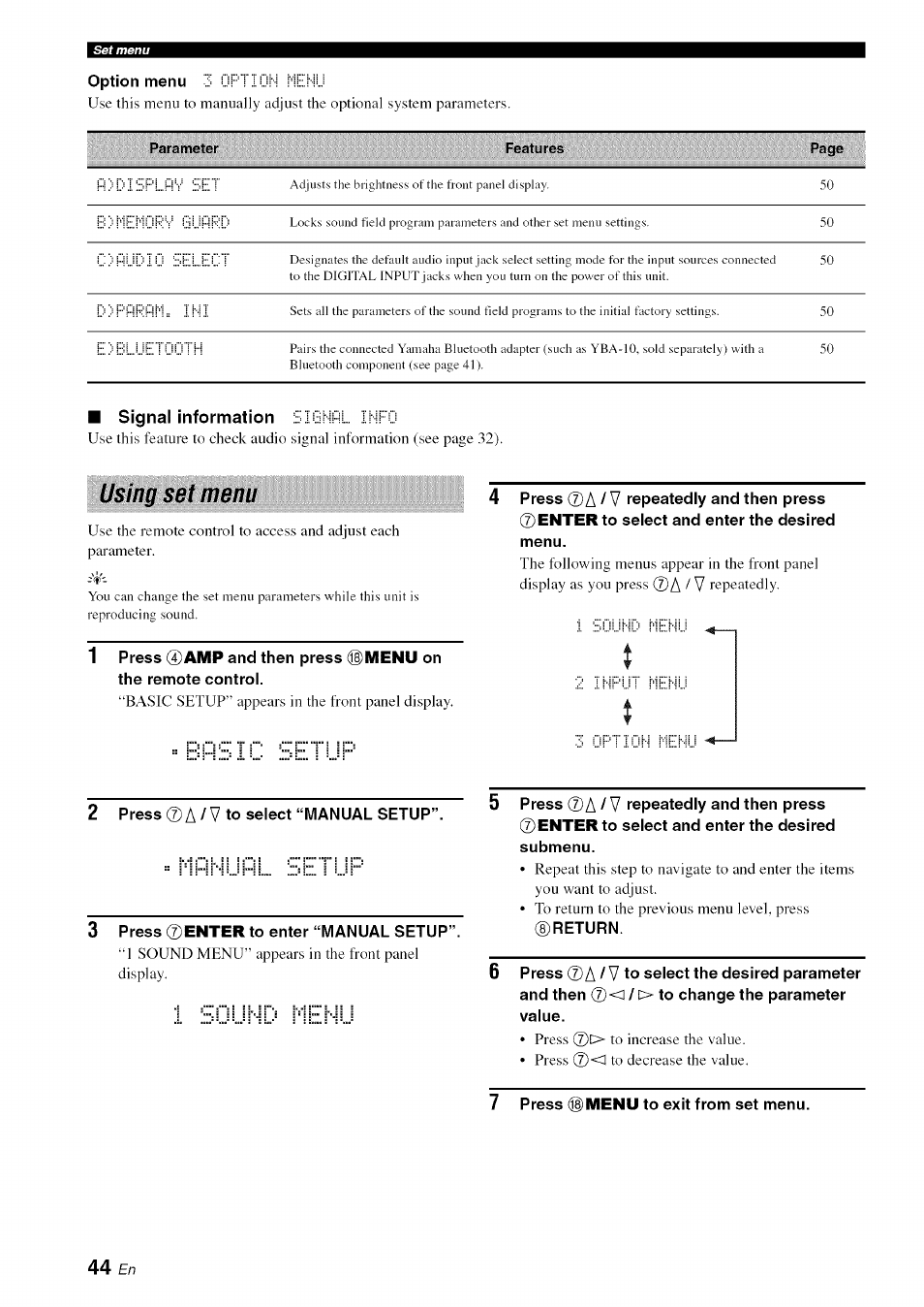 Signal information, Using set menu, A / v | Bpsic setuf, Mphu, L setuf, 1 souhc) fiehlj | Yamaha OWNER'S MANUAL HTR-6130 User Manual | Page 48 / 77