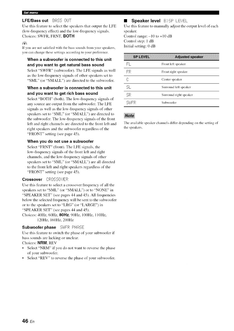 Lfe/bass out, When you do not use a subwoofer, Crossover | Subwoofer phase i, Speaker level | Yamaha OWNER'S MANUAL HTR-6130 User Manual | Page 50 / 77