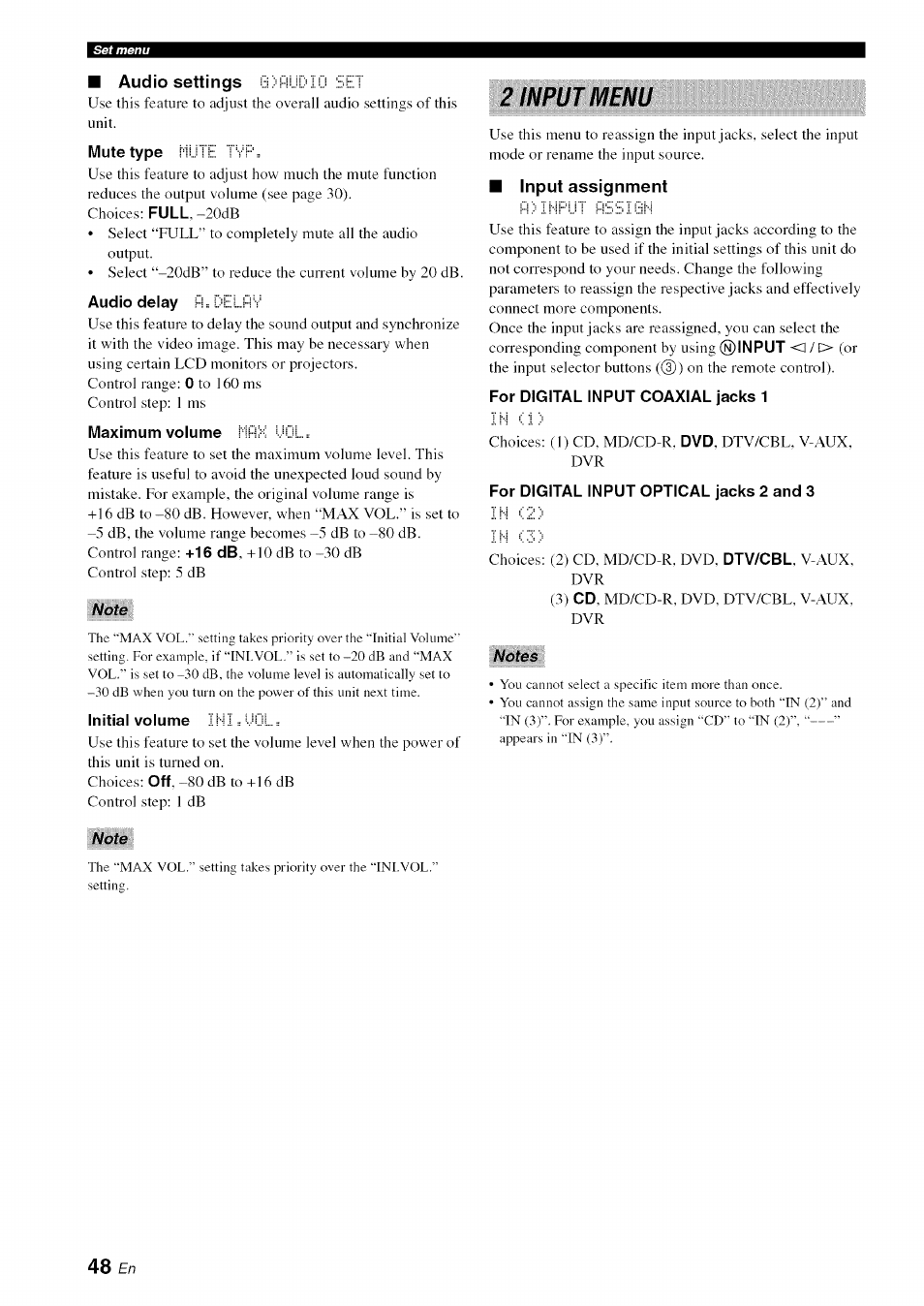 Audio settings, Mute type, Audio delay | Maximum volume, Initial volume, Input assignment, For digital input coaxial jacks 1, For digital input optical jacks 2 and 3, 2 input menu | Yamaha OWNER'S MANUAL HTR-6130 User Manual | Page 52 / 77