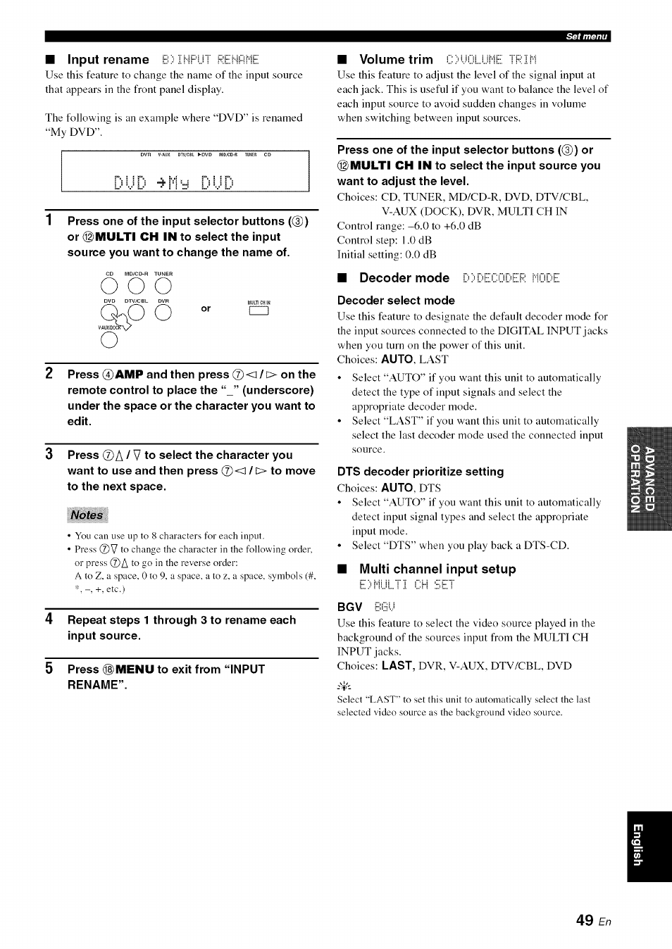 Input rename, Volume trim, Multi channel input setup | O o o, C^o o | Yamaha OWNER'S MANUAL HTR-6130 User Manual | Page 53 / 77