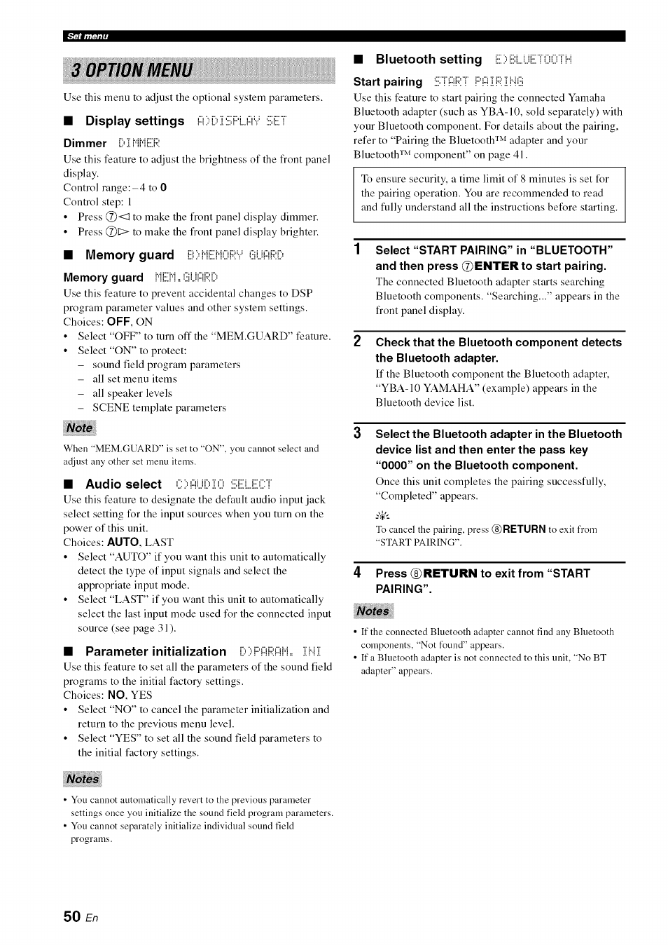 Display settings dimmer, Memory guard, Audio select | Parameter initialization ini, Bluetooth setting start pairing, 3 option menu | Yamaha OWNER'S MANUAL HTR-6130 User Manual | Page 54 / 77