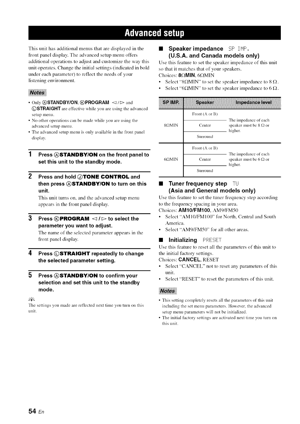 Advanced setup, Speaker impedance, U.s.a. and canada models only) | Tuner frequency step, Asia and general models only), Initializing | Yamaha OWNER'S MANUAL HTR-6130 User Manual | Page 58 / 77