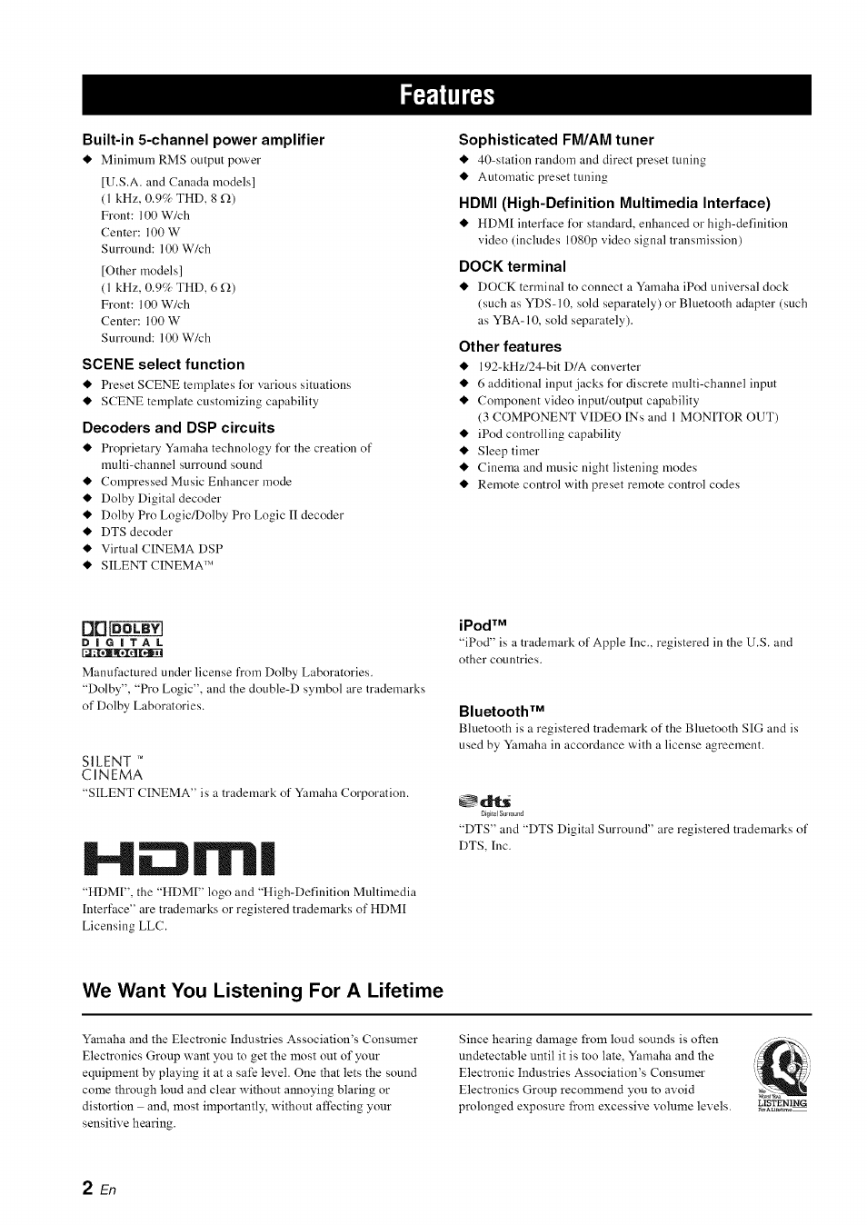 Features, Built-in 5-channel power amplifier, Scene select function | Decoders and dsp circuits, Sophisticated fm/am tuner, Hdmi (high-definition multimedia interface), Dock terminal, Other features, Ipod, Bluetooth | Yamaha OWNER'S MANUAL HTR-6130 User Manual | Page 6 / 77