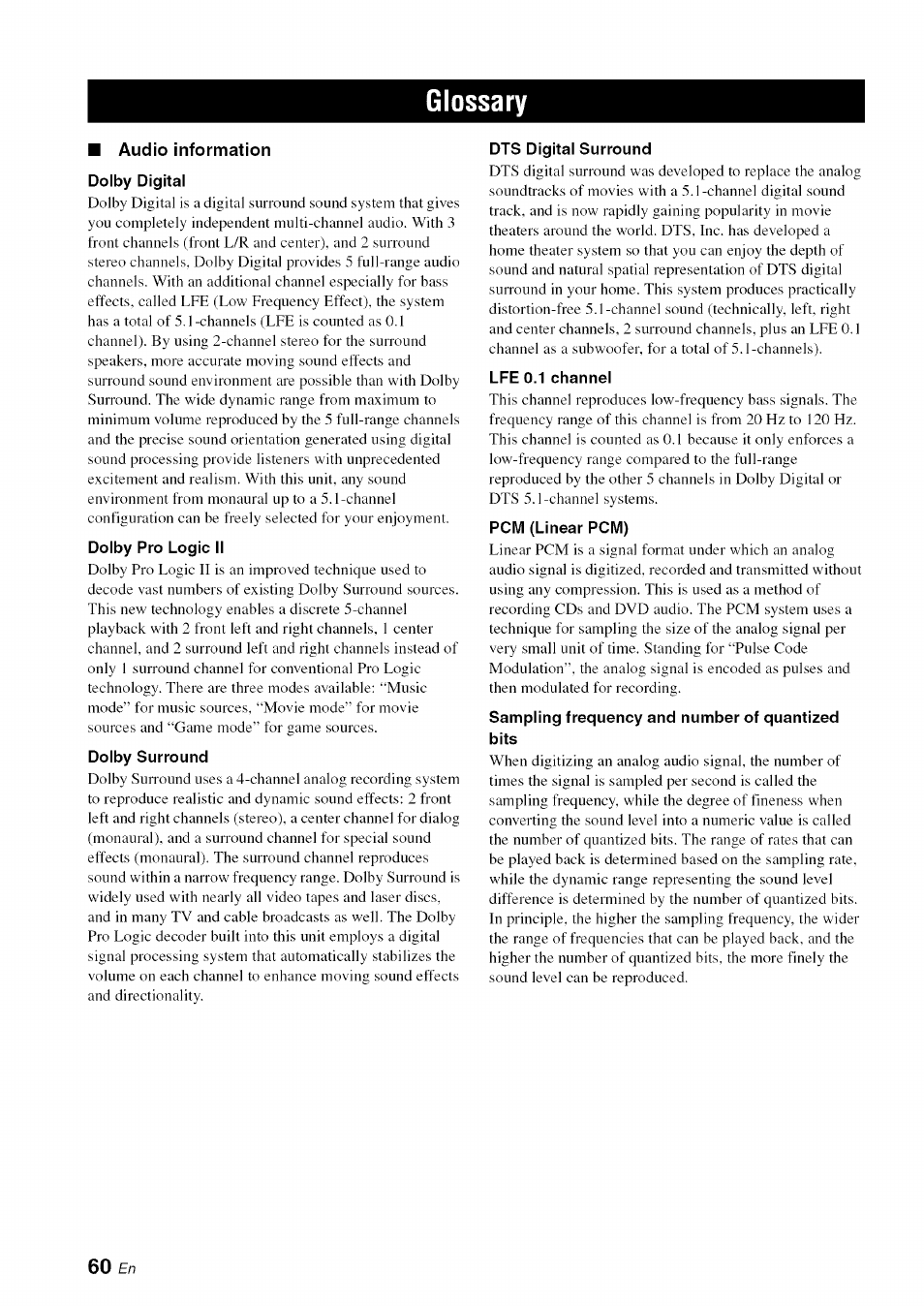 Glossary, Audio information dolby digital, Dolby pro logic ii | Dolby surround, Dts digital surround, Lfe 0.1 channel, Pcm (linear pcm), Sampling frequency and number of quantized bits | Yamaha OWNER'S MANUAL HTR-6130 User Manual | Page 64 / 77